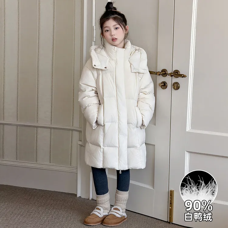 女童冬装羽绒服时尚长款外套10到15岁大童女孩冬季白鸭绒连帽外套