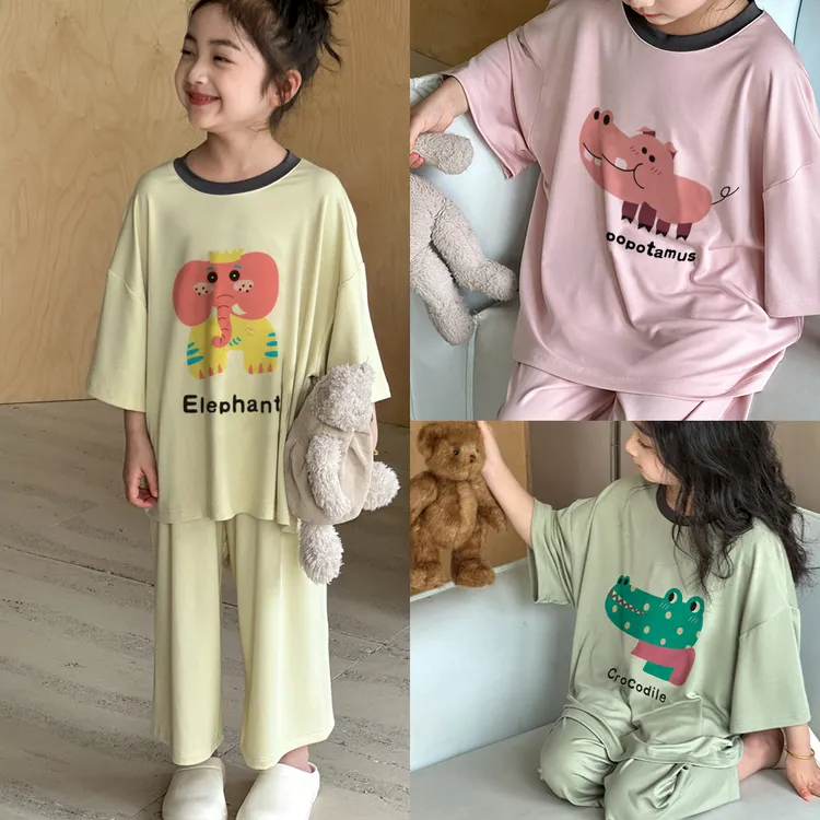 女童莫代尔睡衣套装2025春夏新款中大童洋气卡通恐龙家居服套装