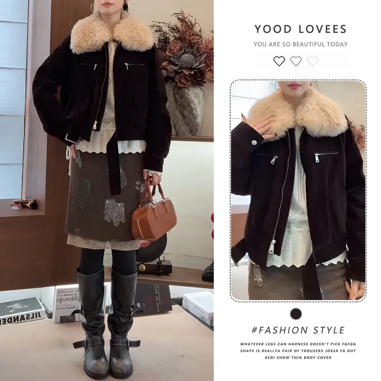 网红爆款高级感冬新款洋气减龄韩版短款毛毛翻领显瘦韩版外套潮