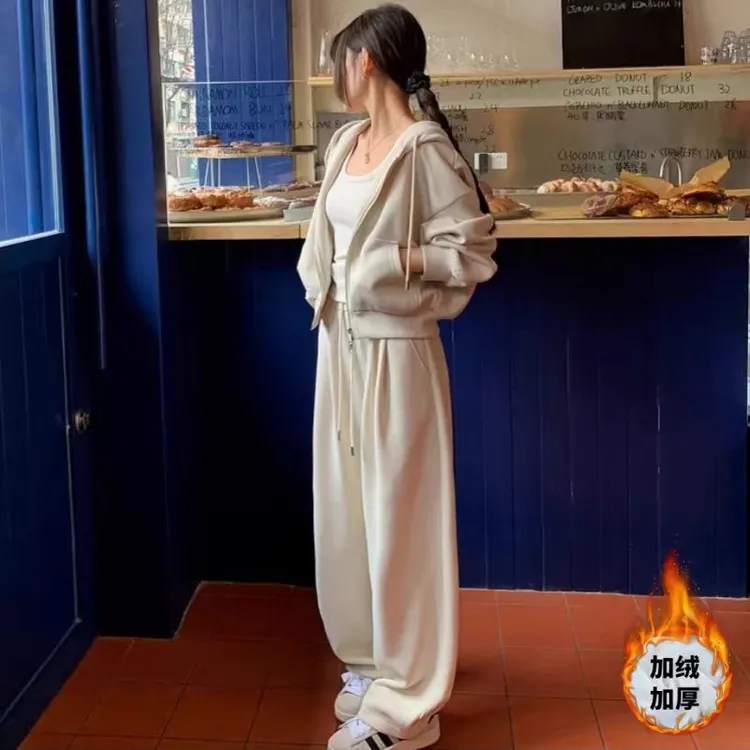 669500,韩版宽松慵懒风连帽卫衣外套女+百搭阔腿休闲裤子两件套