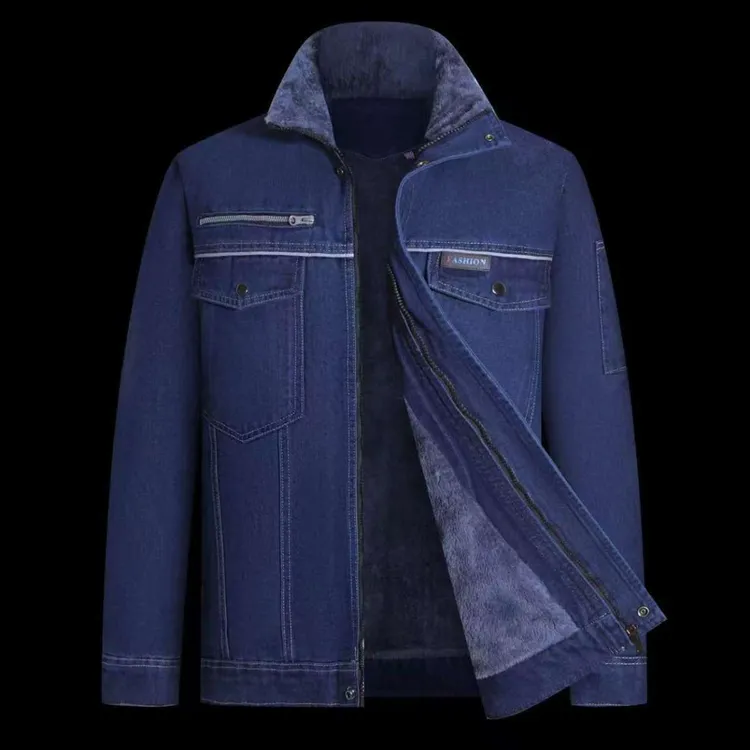 牛仔加厚工作服立领保暖防磨棉服棉衣加绒加厚款加绒棉服