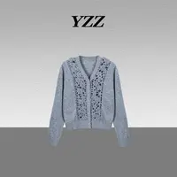 YZZ “雾淞”羊绒重工手工钩花镂空羊毛针织V领开衫上衣 680310