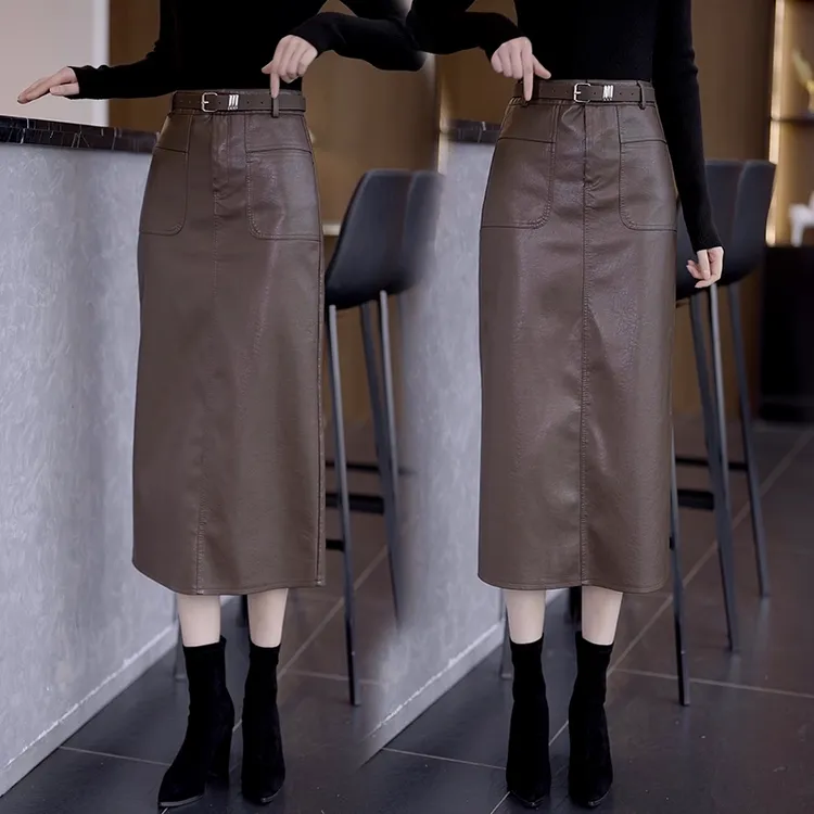 春秋冬季裙子2025新款pu皮裙半身裙高腰中长款直筒一步包臀裙长裙
