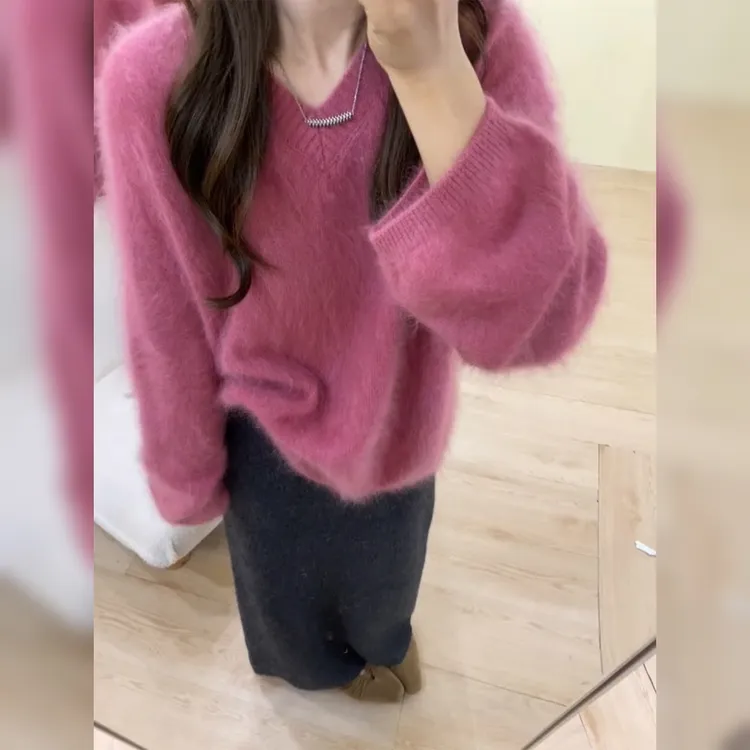 2025秋冬新款法式气质V领宽松毛衣上衣高腰显瘦半身裙