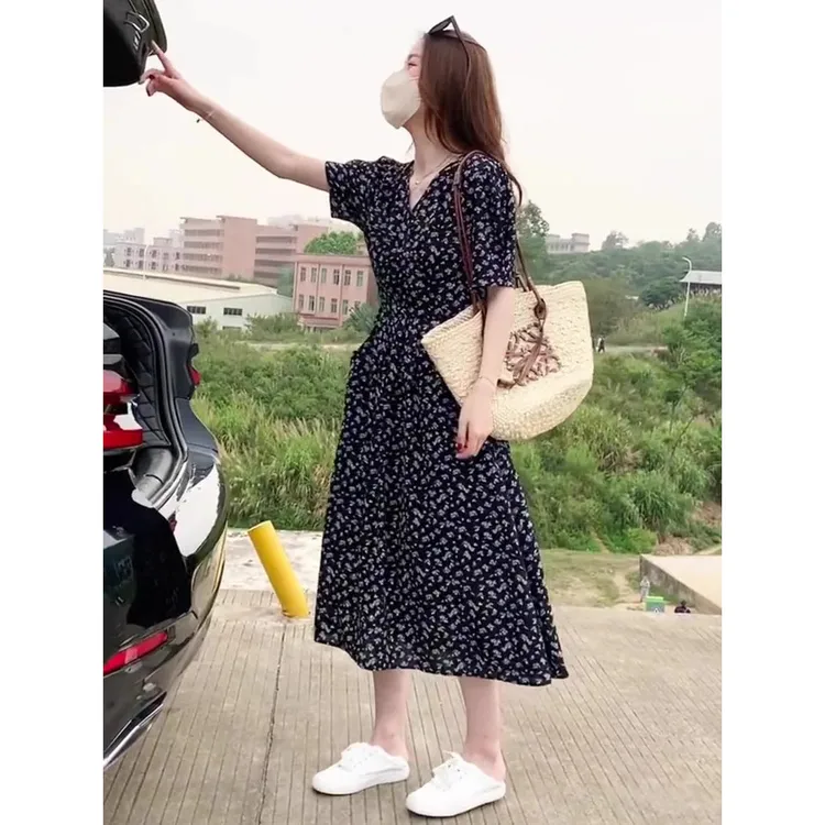 韩版chic夏季新款高腰显瘦收腰小V领碎花短袖茶歇中长款连衣裙女
