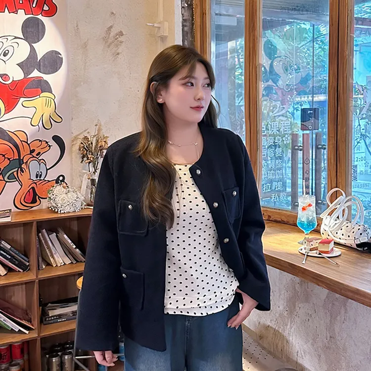 大码气质温柔高级感短款毛呢外套显瘦波点圆领长袖T恤套装5992