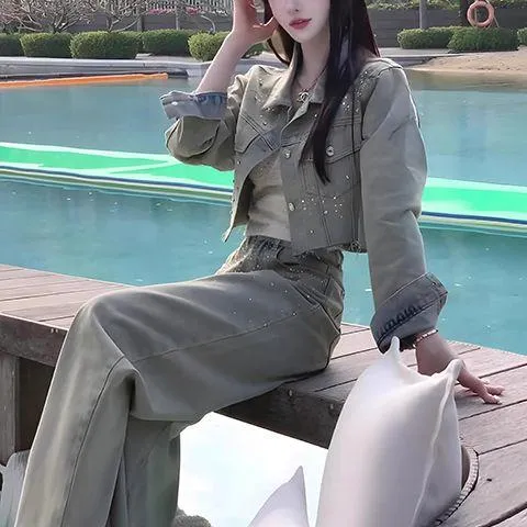 重工烫钻牛仔套装女春秋2025新款小香风洋气短外套阔腿长裤两件套