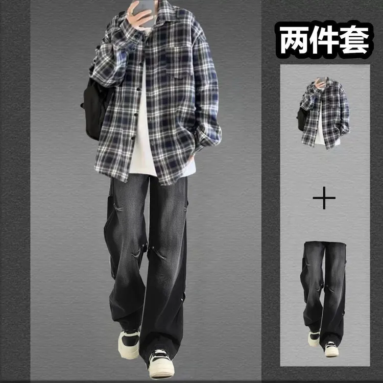 港风复古格子衬衫男士套装春秋季外套痞帅衬衣男装一套搭配牛仔裤