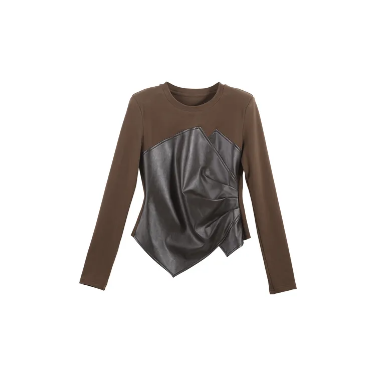 酷飒风皮革拼接不规则修身长袖上衣HBZW800056+HBZW800057