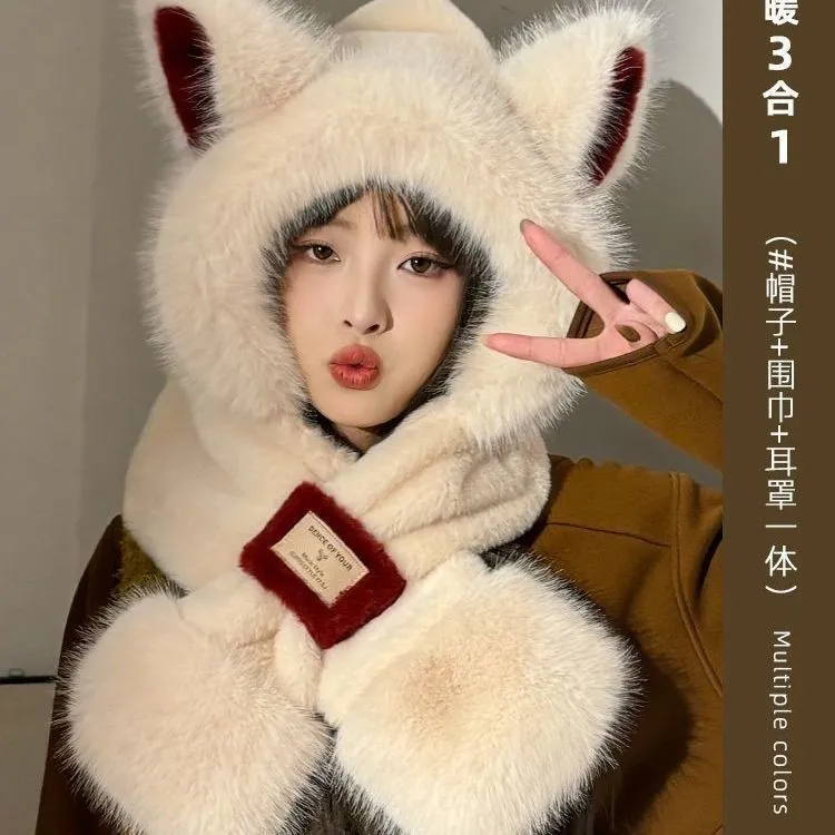 可爱狐狸帽子围巾一体冬毛绒护耳朵骑行保暖2025新款撞色围脖ML⑩