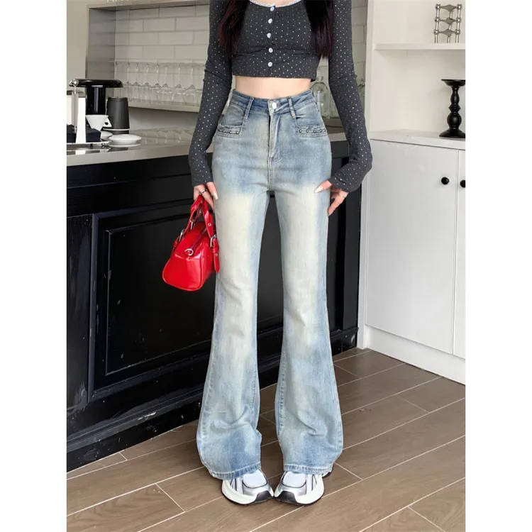 秋女牛仔裤喇叭裤渐变色修身牛仔长裤N