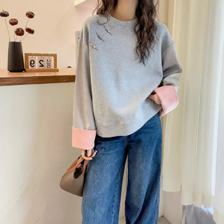 新中式国风盘扣圆领宽松长袖套头卫衣女春秋新款显瘦百搭棉质上衣