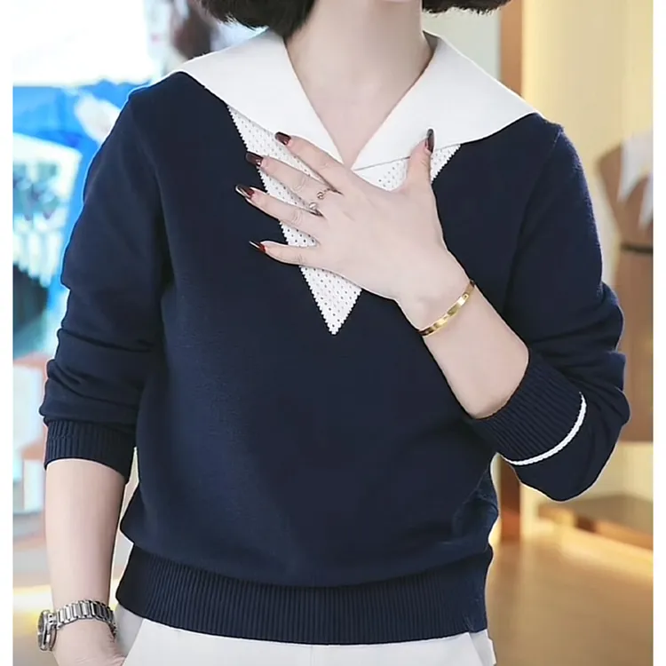 减龄海军领秋季拼接长袖春秋时尚毛针织衫女百搭上衣毛衣