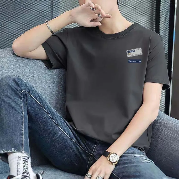 夏季日常百搭印花t恤打底衫潮流短袖几何T恤纯色修身圆领宽松休闲