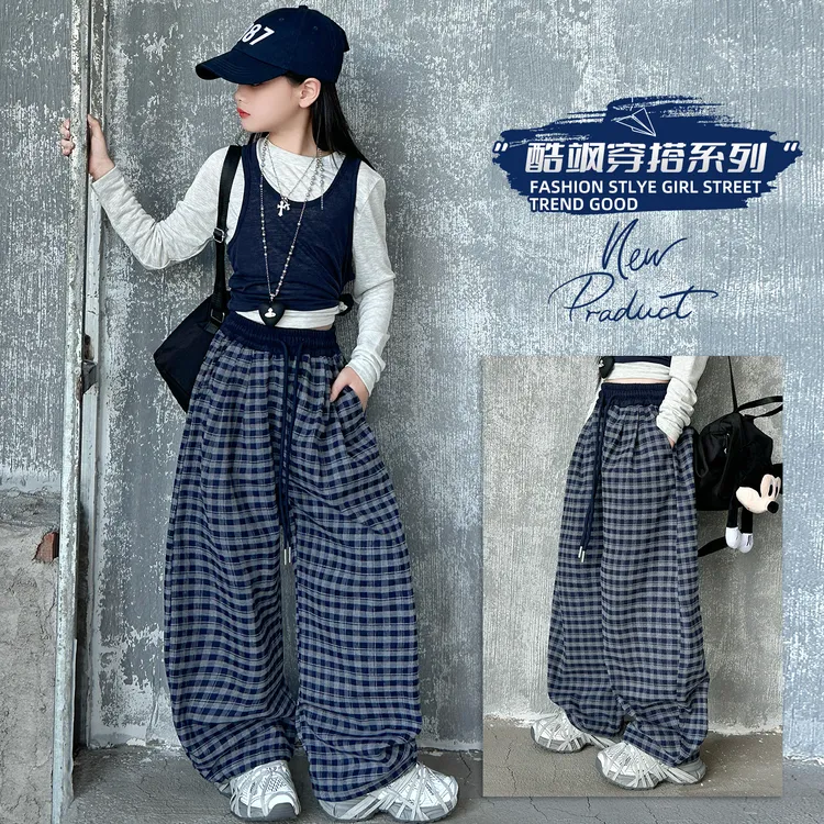 女童2025新款女大童秋季洋气时尚长袖女孩春秋装潮酷格子裤三件套