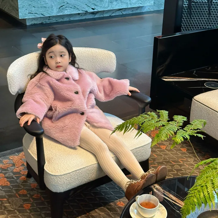 壹妈韩版童装女童呢大衣冬装洋气儿童甜美中长款毛绒加厚加绒外套
