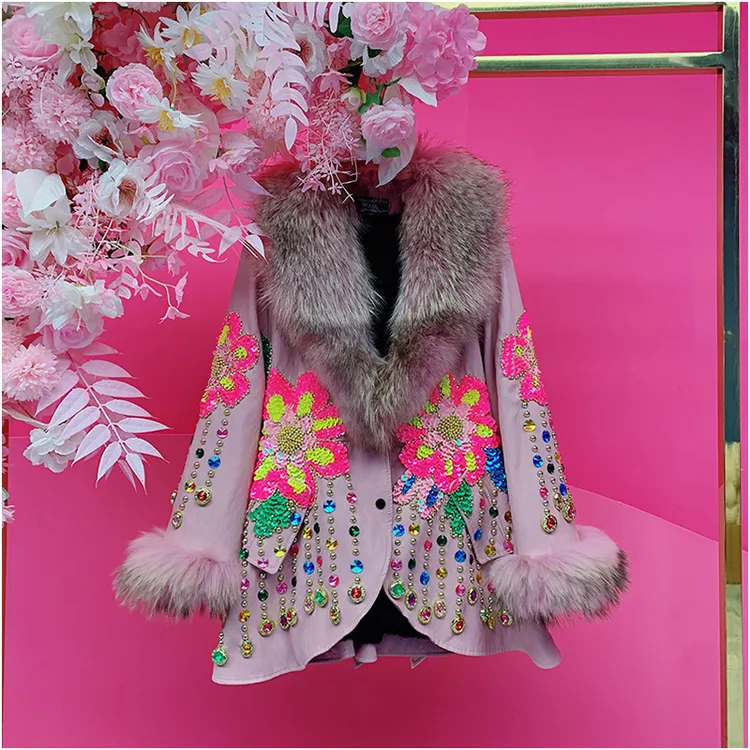 A5158欧美设计师2025冬季新款重工刺绣亮片拼狐狸毛加绒皮衣外套