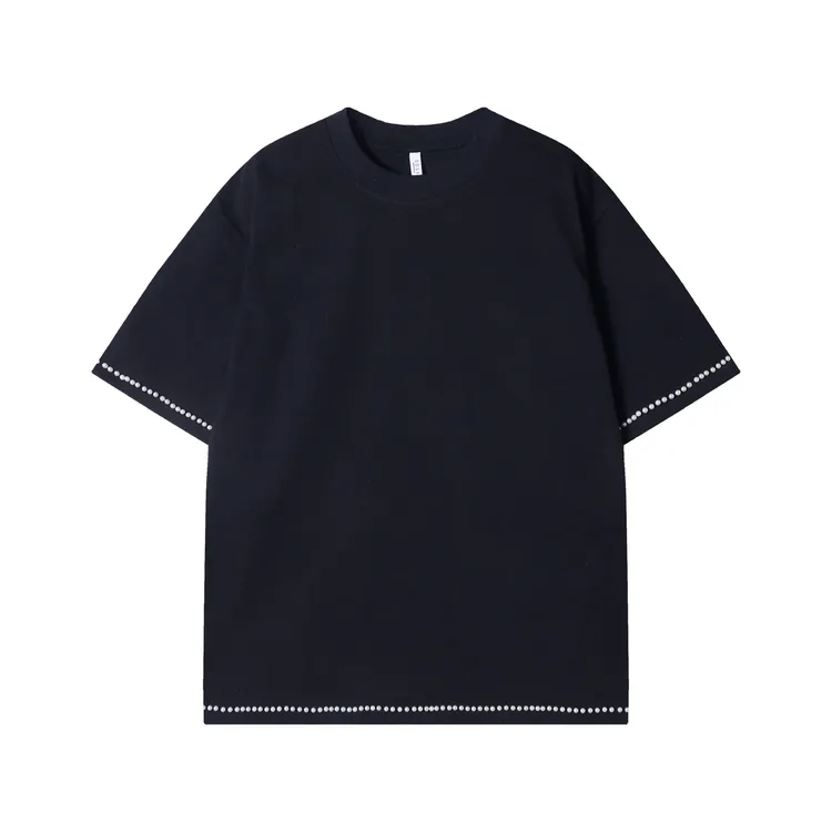 早春新款时尚个性韩版镶珠撞色圆领长袖T恤男女同款百搭套头上衣