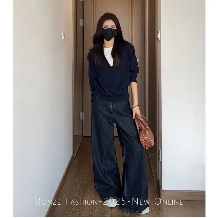 美式原牛ins风阔腿牛仔裤女百搭极简风老钱风蓝灰色加绒加厚牛仔