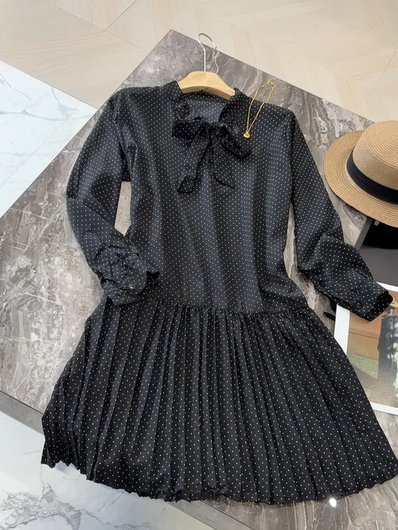波点不规则裙高腰长袖夏季连衣裙中长裙优雅气质立领