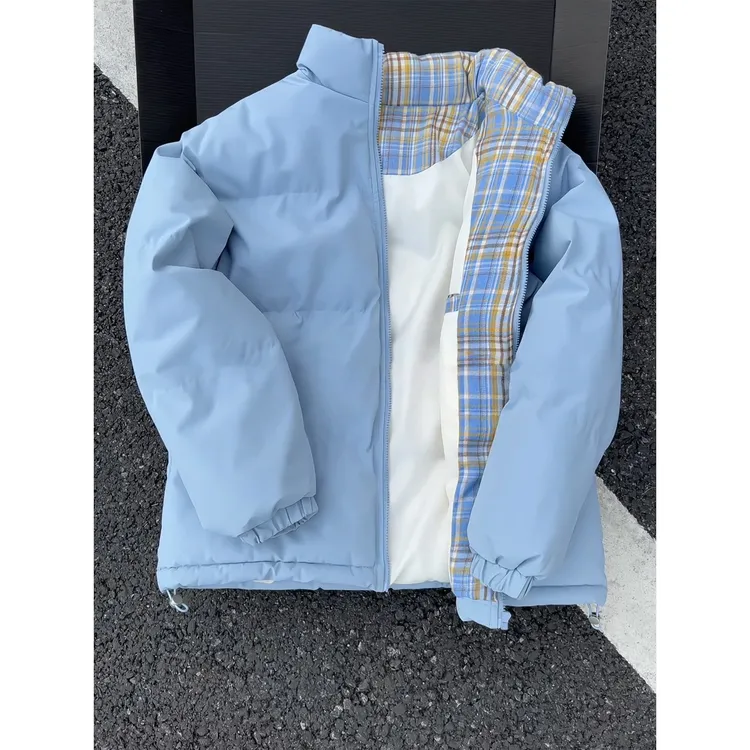 浅蓝色拼接格子羽绒棉服男款冬季加厚立领棉衣外套美式情侣面包服