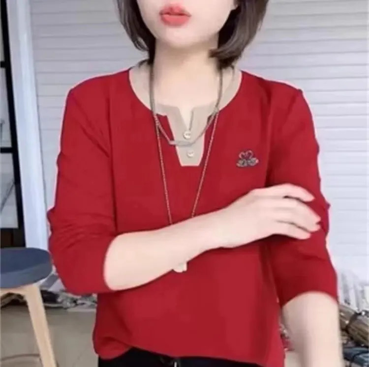 透气常规V领宽松型常规款纯色T恤秋季圆领百搭网红洋气春季