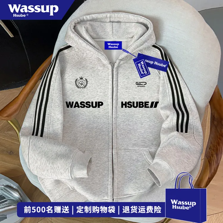 WASSUP HSUBE创意字母印花连帽开衫卫衣男女秋冬季设计感拉链外套