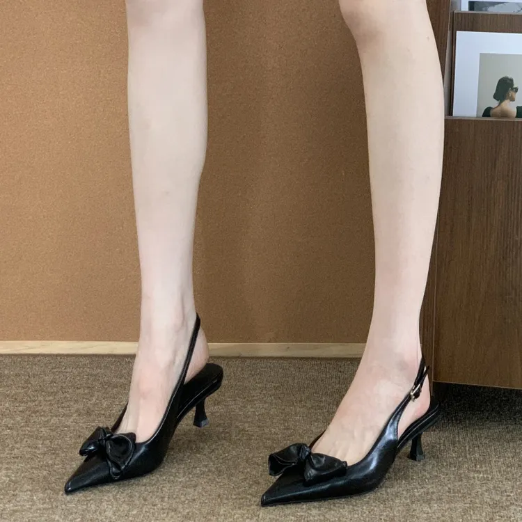 法式小众高跟凉鞋女2025夏季温柔气质蝴蝶结尖头浅口细跟后空单鞋