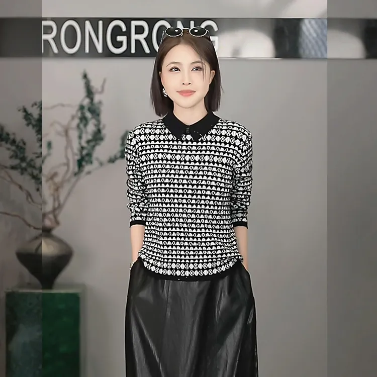 溶溶【几何星诗】RONGRONG羊毛混纺珠片纱提花优雅针织衫ZGQ6S3096A