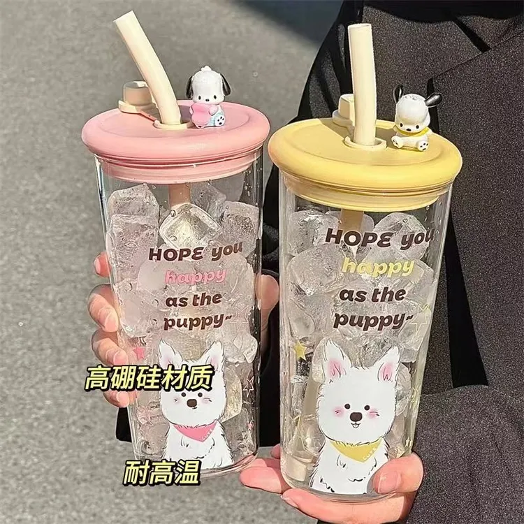 玻璃杯咖啡杯爆款可爱小狗杯带吸管2025新款学生颜值耐高温高硼硅