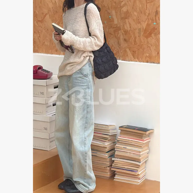 Z.blues【四叶草牛仔】浮雕印花皮标斜纹全棉磨白牛仔裤YZLHKZ0125