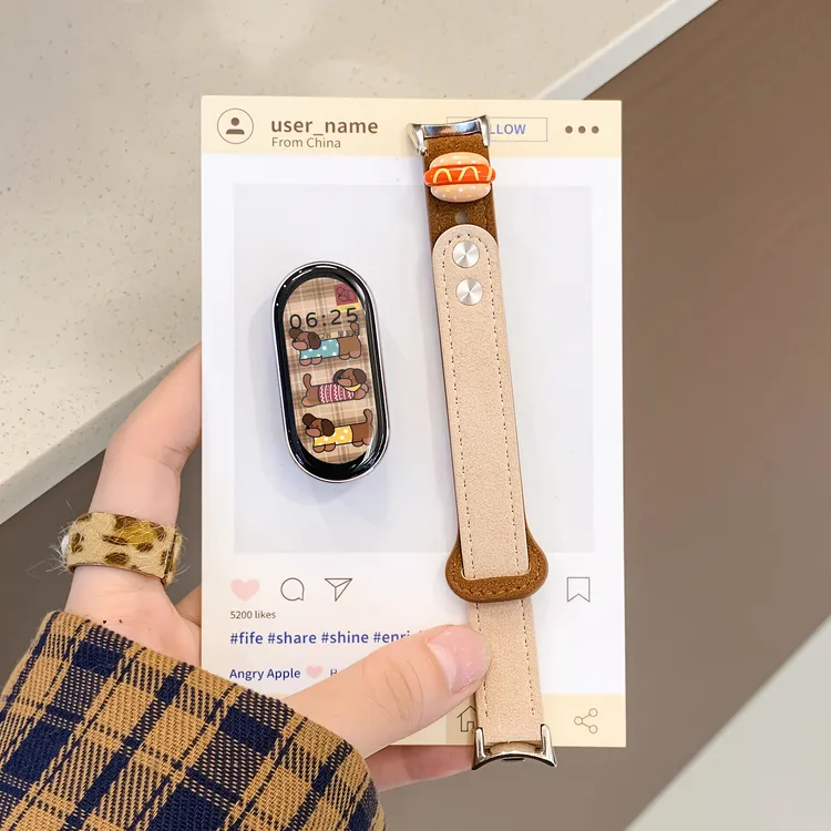 适用小米手环10表带秋冬皮质面包小米9手环表带可爱小米8/7腕带女