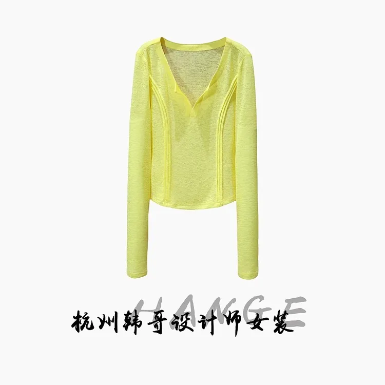 【韩哥女装】夏季欧版设计油菜黄褶线长袖V领爽肤衣9092-A2