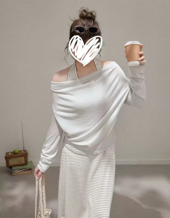 大码女装新款挂脖高腰长袖外批连衣裙荡领法式无袖条纹