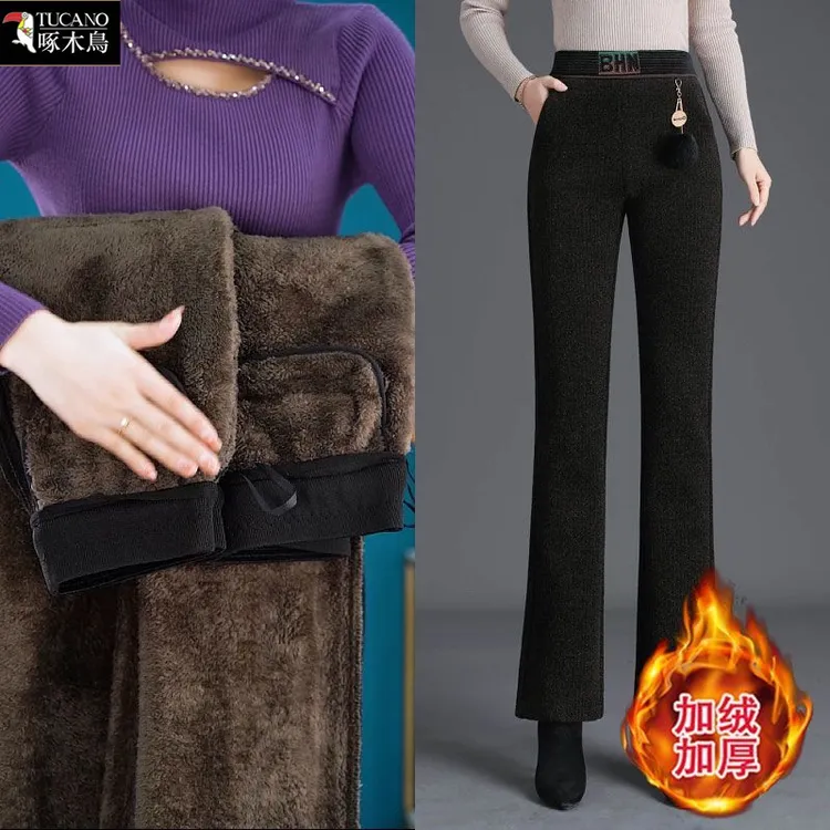 啄木鸟正品高腰秋冬加绒保暖休闲裤2025年宽松显瘦微喇女裤直筒裤