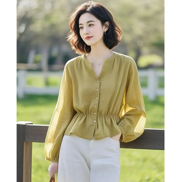 开春小众通勤穿搭重要场合小衫设计感黄色收腰衬衫超好看女士上衣