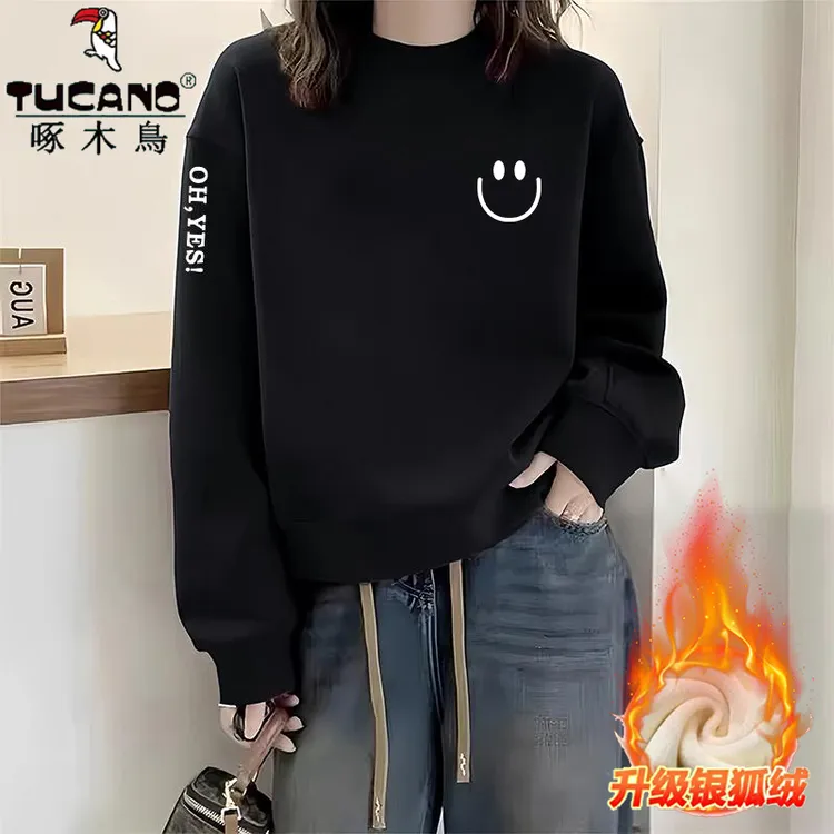 啄木鸟纯棉加绒圆领卫衣女百搭韩版印花打底长袖别致上衣服小个子