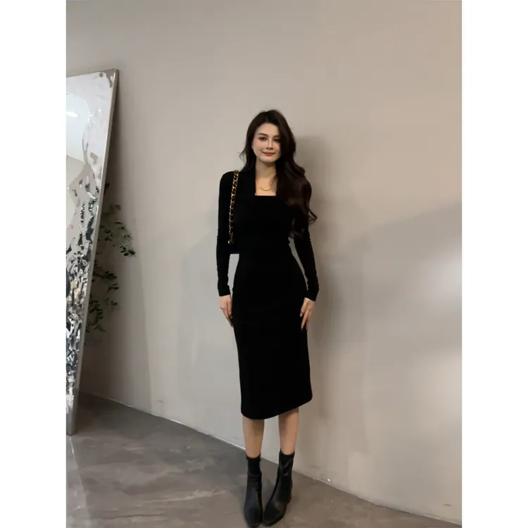 【大婷婷】法式赫本风连衣裙设计感小众收腰显瘦V领中长裙子DT1818