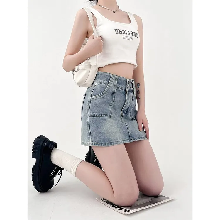 美式复古高腰牛仔短裙女春夏新款弹力显瘦包臀a字半身裙辣妹短裙