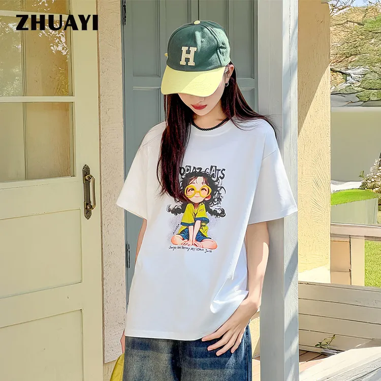 朱阿姨2025夏季女大童短袖印花宽松ins圆领T恤百搭上衣（25212428）