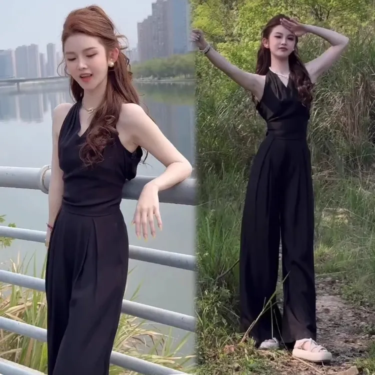 (极简巴黎)御姐高级感气质领挂脖休闲别致感阔腿裤套装（两件套）