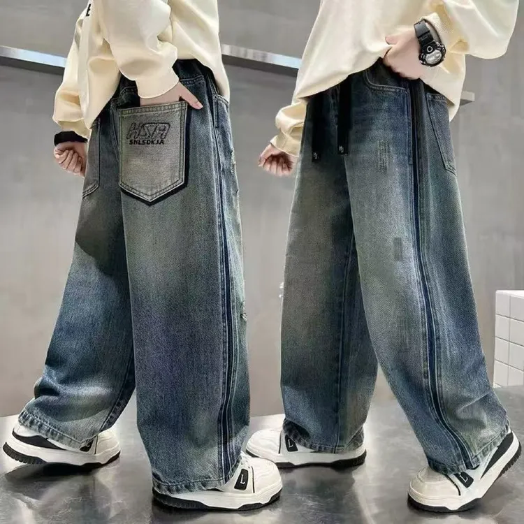 氛围感穿搭~2025男童秋季新款时髦潮酷设计破洞老爹牛仔裤10225