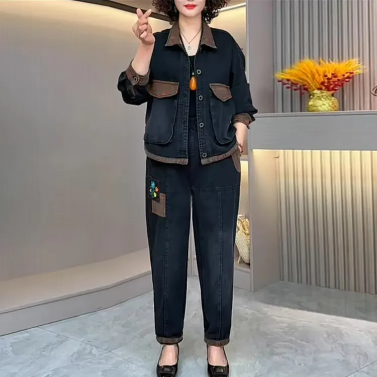 2025新款早春休闲百搭翻领绣花洋气牛仔套装宽松时尚减龄遮肉时尚