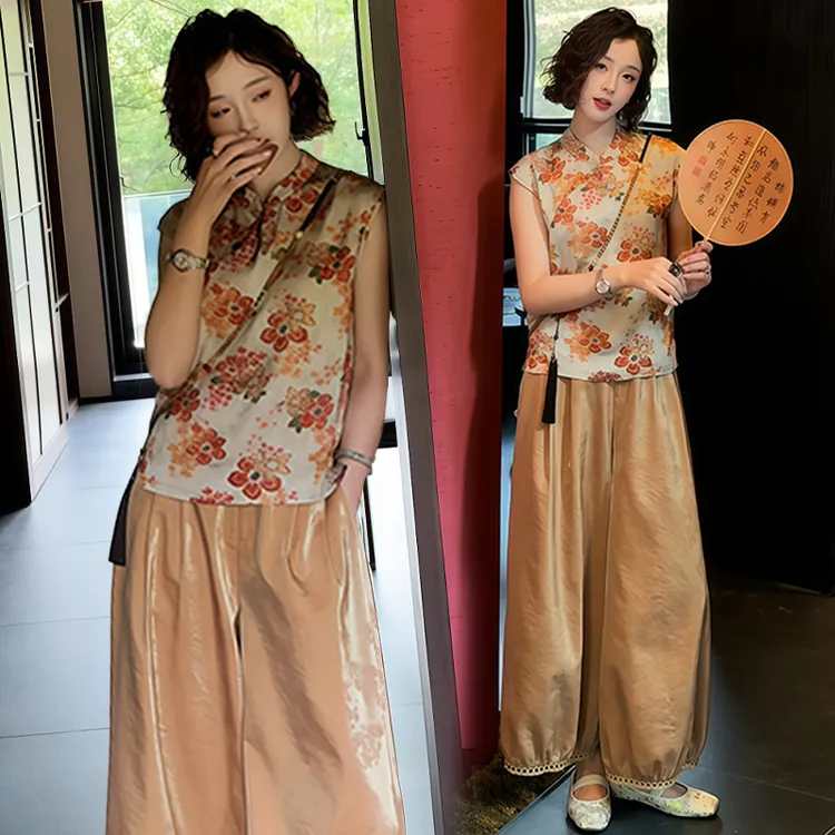 休闲简约坎肩遮肉套装女士2025年夏季新款宽松上衣直筒裤两件套