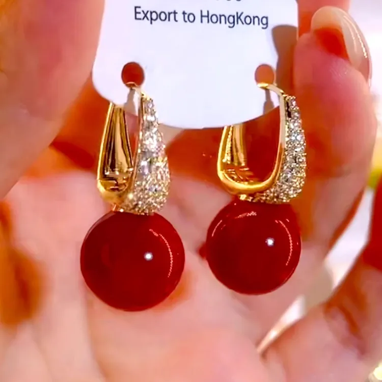 铜合金耳饰 复古安可拉红珠珠耳环女气质轻奢高级感耳钉新年耳饰