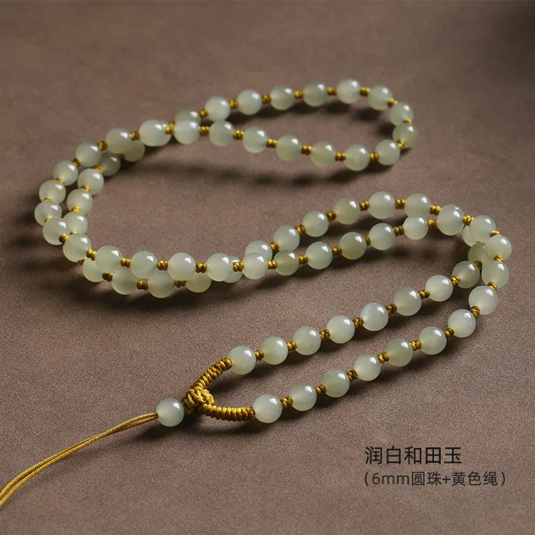 和田玉珠链白玉项链绳手工编织和田玉珠链搭配和田玉坠淡青色挂链