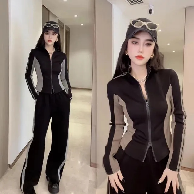 2025春秋新款韩版休闲立领运动服套装女修身设计显瘦阔腿裤两件套