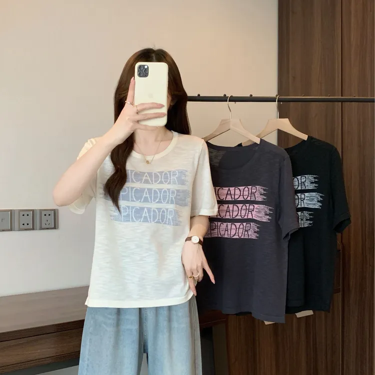 2025夏季新款胖mm大码圆领字母短袖针织衫宽松正肩显瘦上衣69319