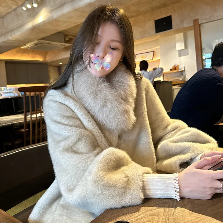 氛围感冬装皮毛一体毛领外套女宽松慵懒风复古仿水貂毛毛大衣气质