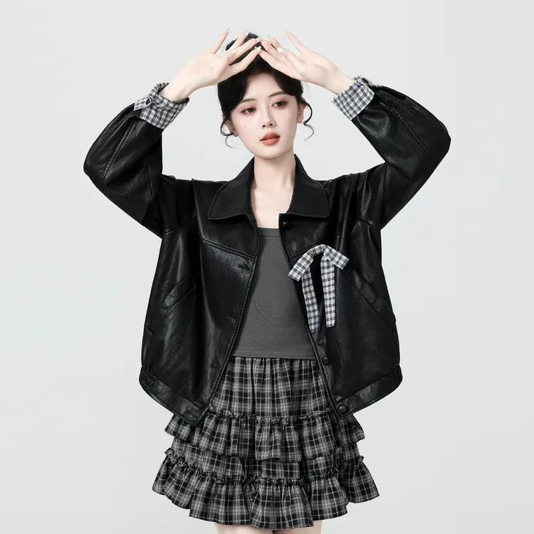 黑色蝴蝶结皮衣外套女春秋2025秋新款格纹拼接pu皮夹克开衫短上衣